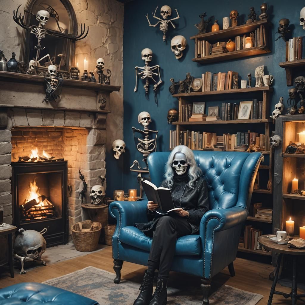 Woman Reading in Cozy Halloween Cafe with Skeletons