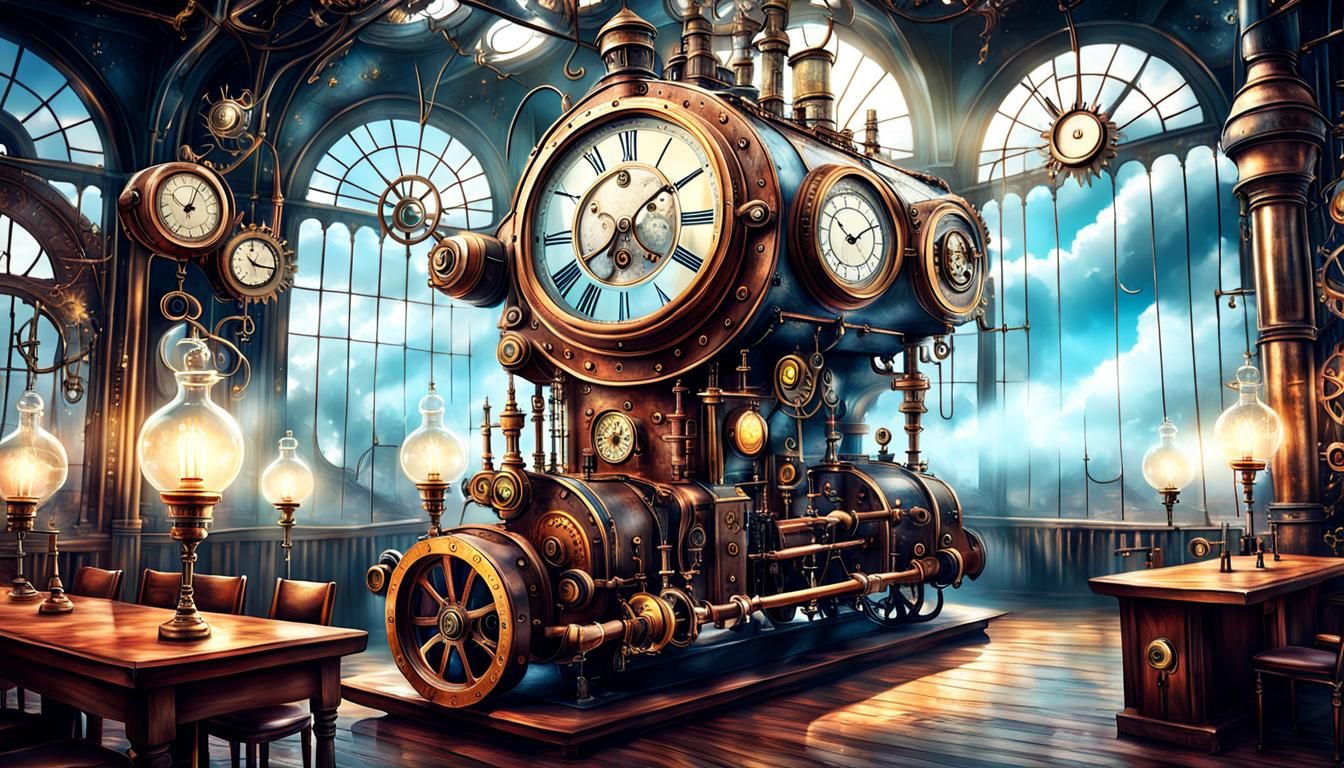 magical background with steampunk, surreal, and fantasy themes, attention to detail, photorealism, and ethereal atmosphe...