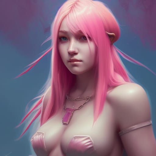 Pink-Haired Barbarian Girl Portrait in Art Nouveau Style