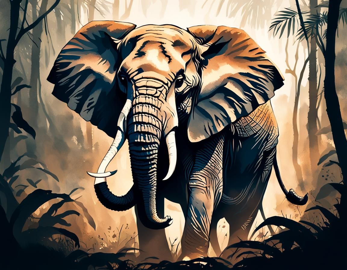 Enraged Elephant Breaks Chains in Expressionist Jungle