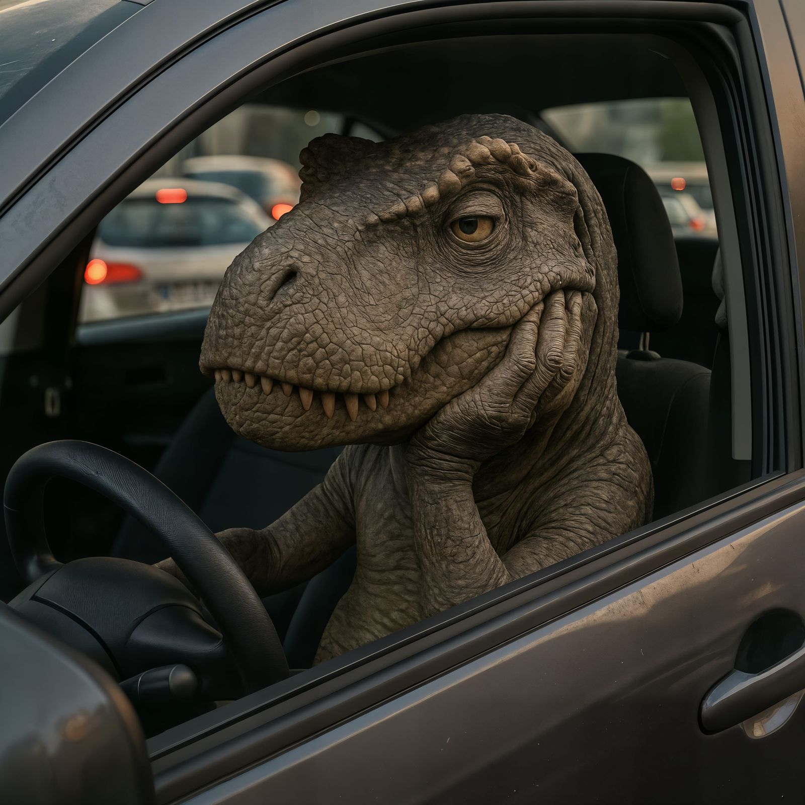 Bored T-Rex Stuck in Traffic: CGI Rendering