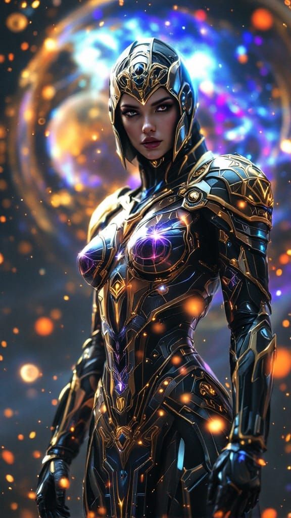 Mythological Goddess in Futuristic Art Deco Armor