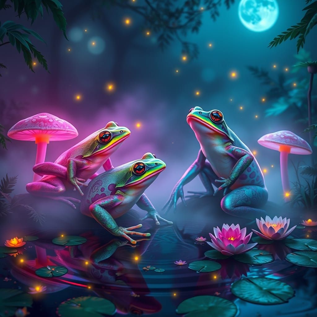Regal, Iridescent Frogs in a Surreal, Moonlit Wonderland