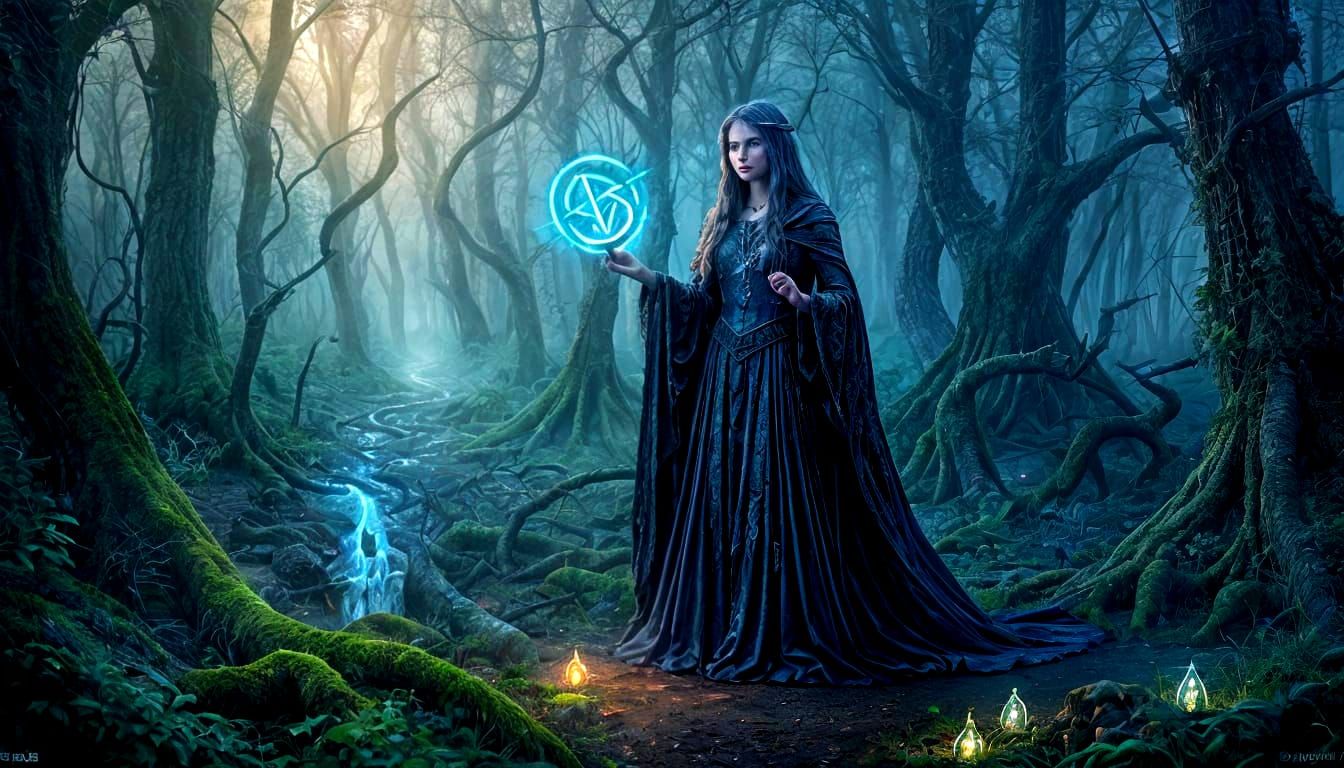 Spectral Witch Conjures Runes in Ancient Forest Oil Painting