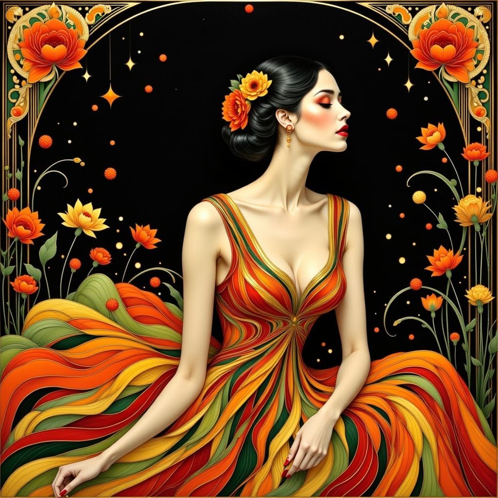 Vibrant Art Deco Goddess in Charcoal and Prismatic Hues