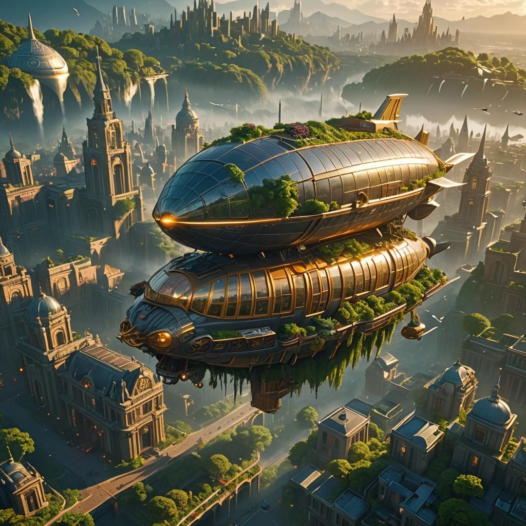 Majestic Airship Over Future Fantasy Cityscape
