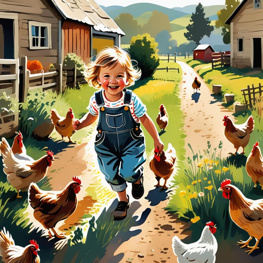 A colorful drawing with a playful beauty: chickens chasing a...