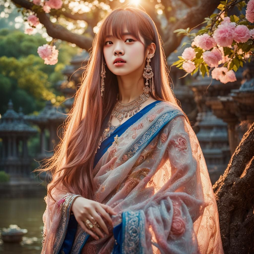 Lalisa Manoban in Vibrant Saree: Photorealistic Dreamscape