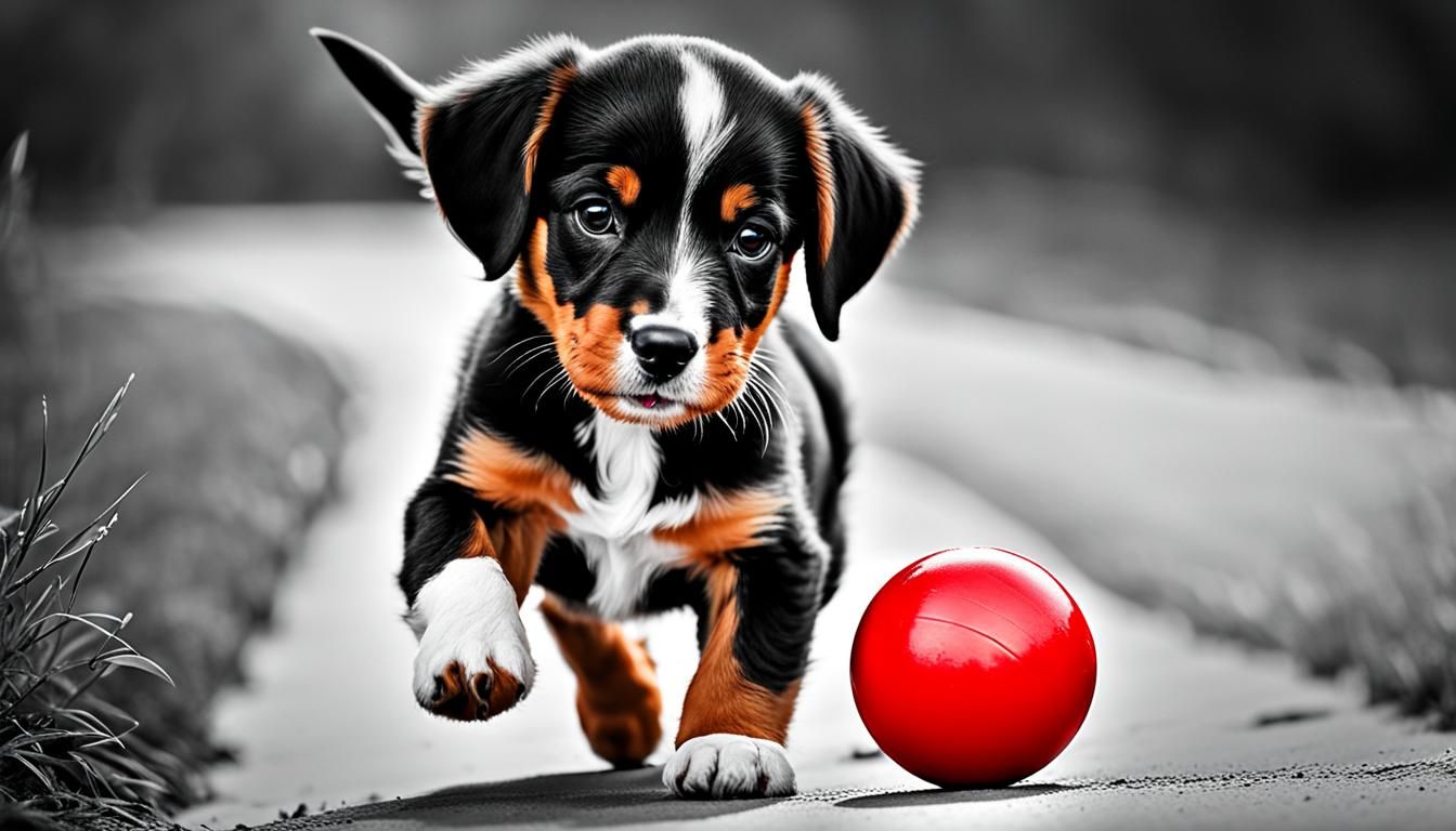 Playful Puppy with Red Ball in Selective Color
