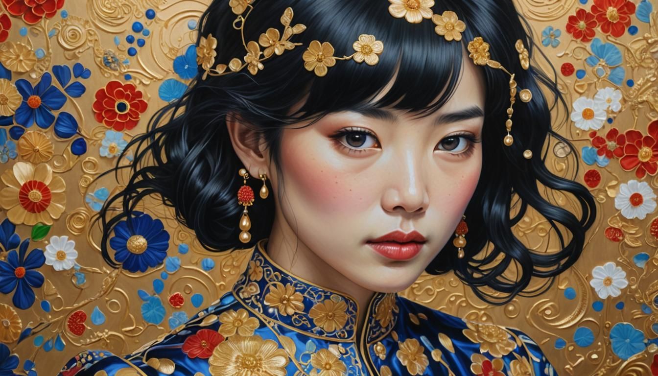 Asian Woman Portrait in Klimt-Inspired Oil Painting