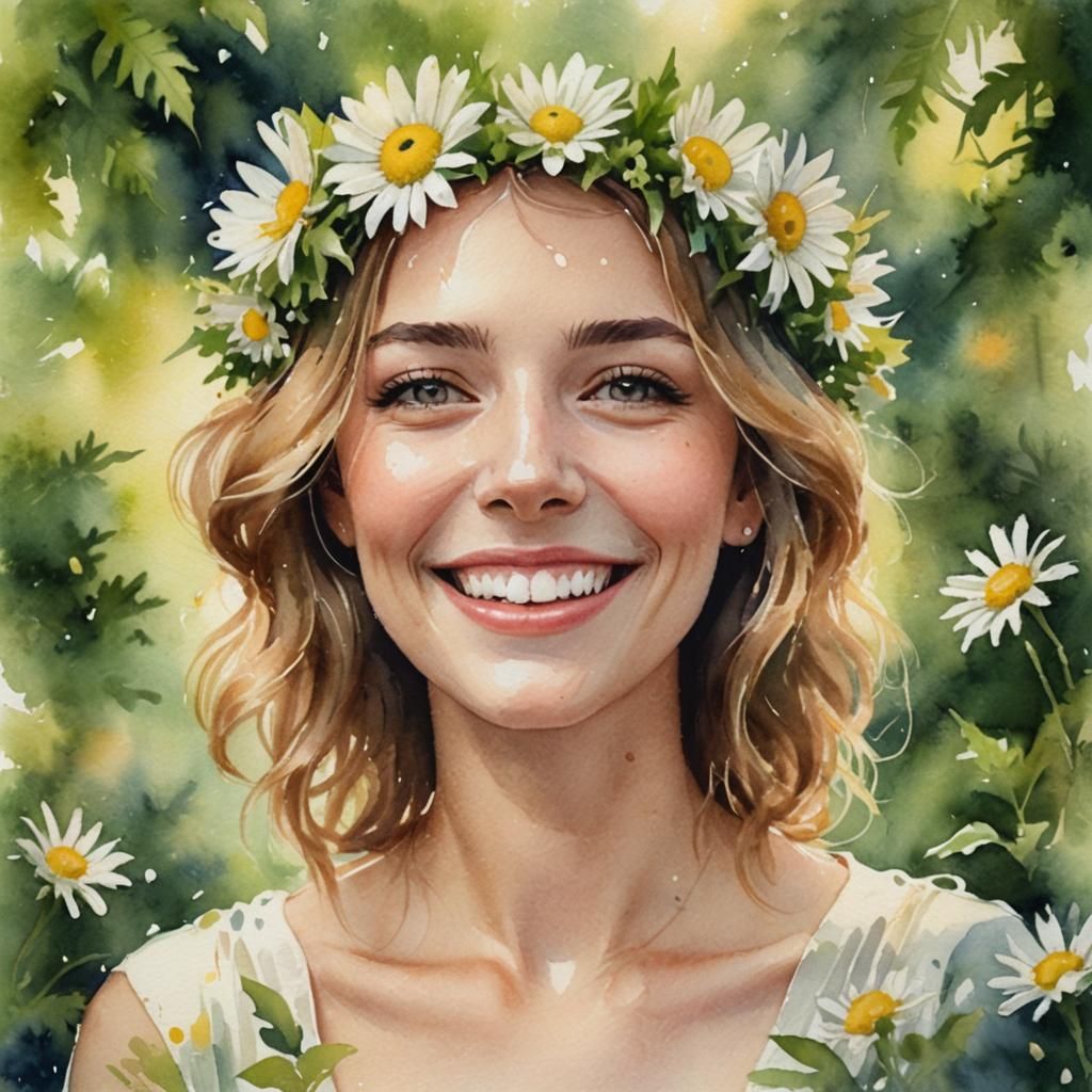 Ethereal Woman with Daisy Crown: Watercolor Portrait