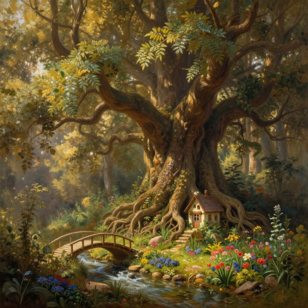 Giant Luminous Tree with Tiny House and Garden in Golden Hou...