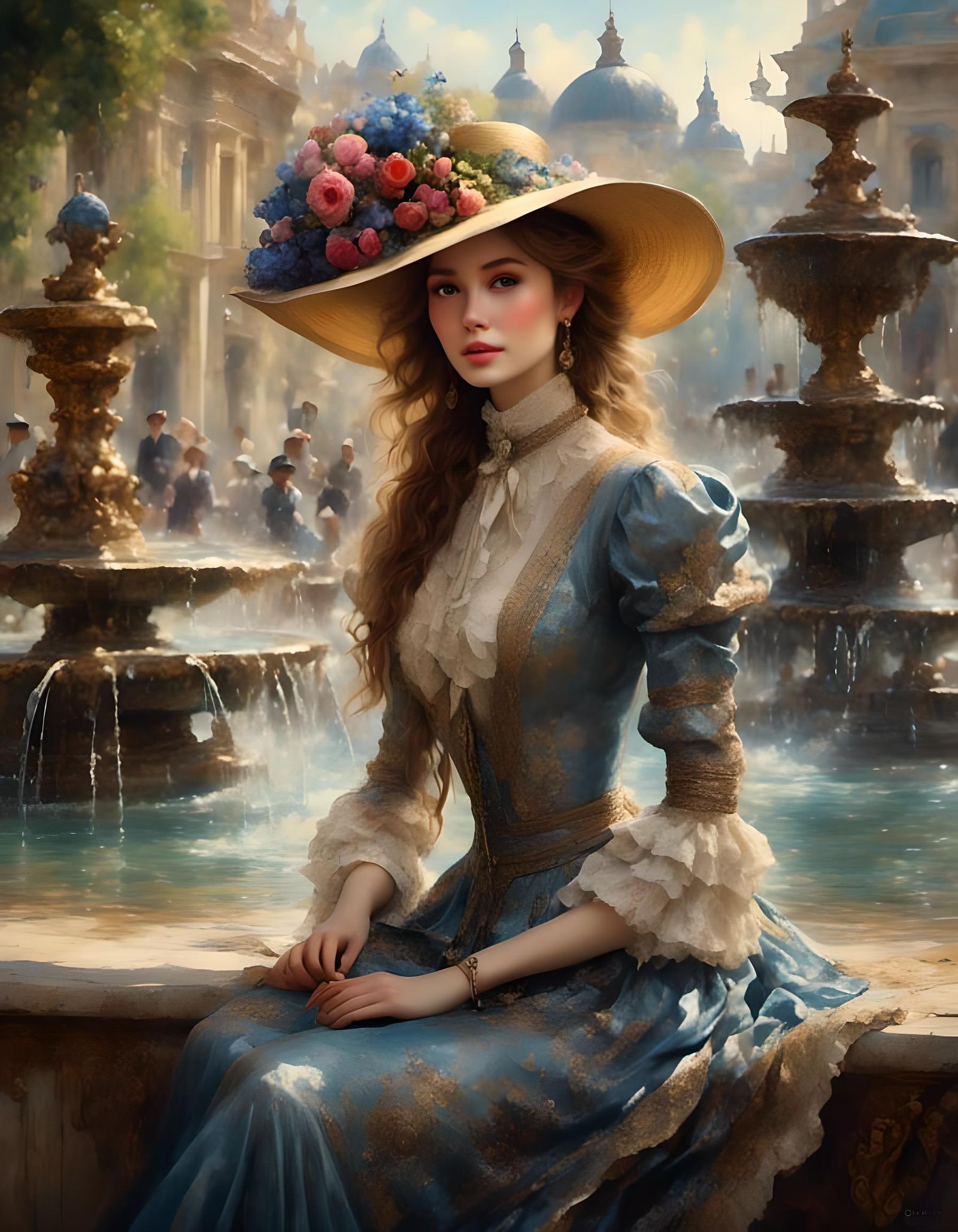 Victorian Lady by Fountain in Hyperrealism Style