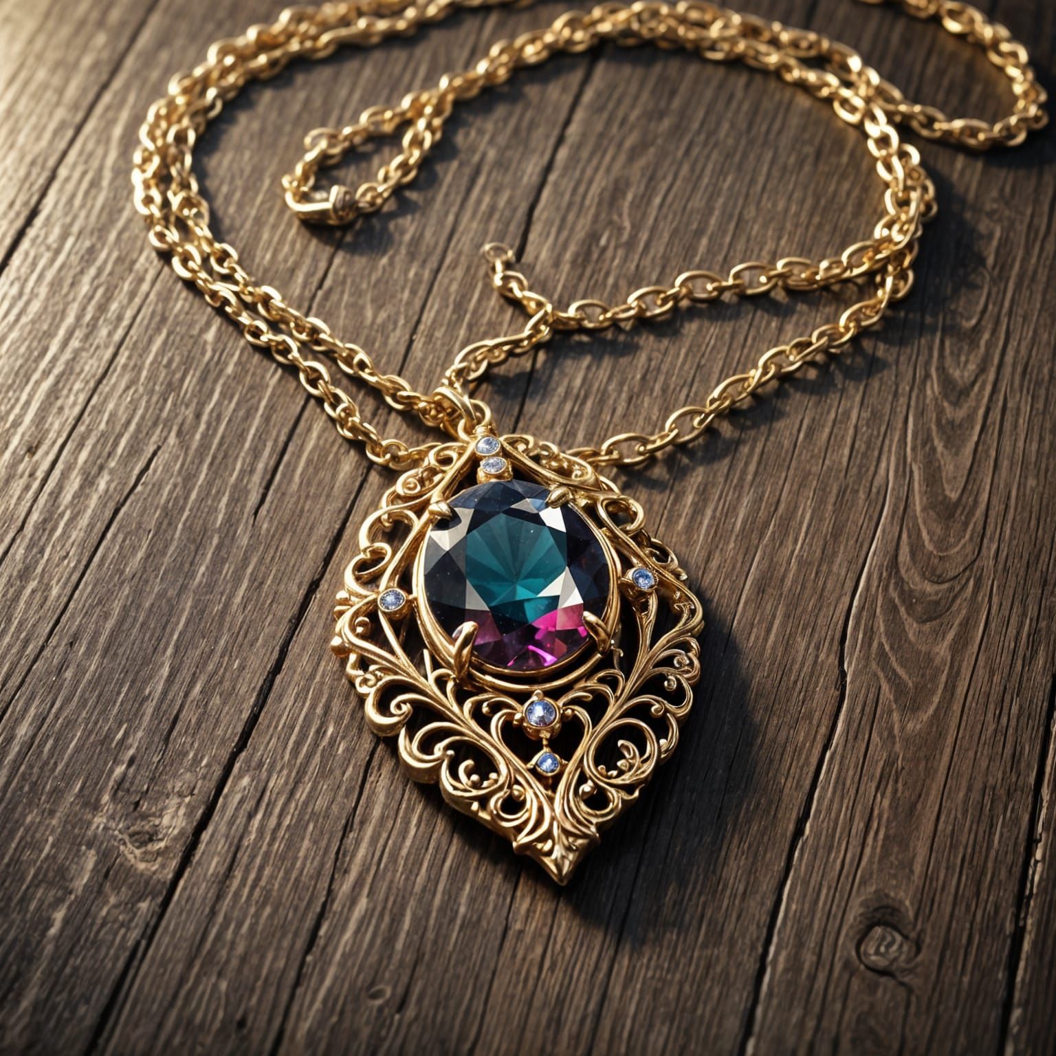 Hyperrealistic Magical Gem Necklace on Wooden Table