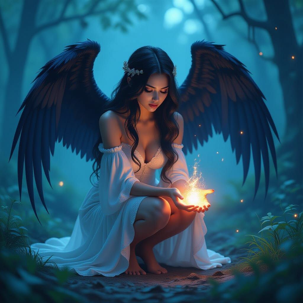 Mystical Forest: Winged Woman with Glowing Light