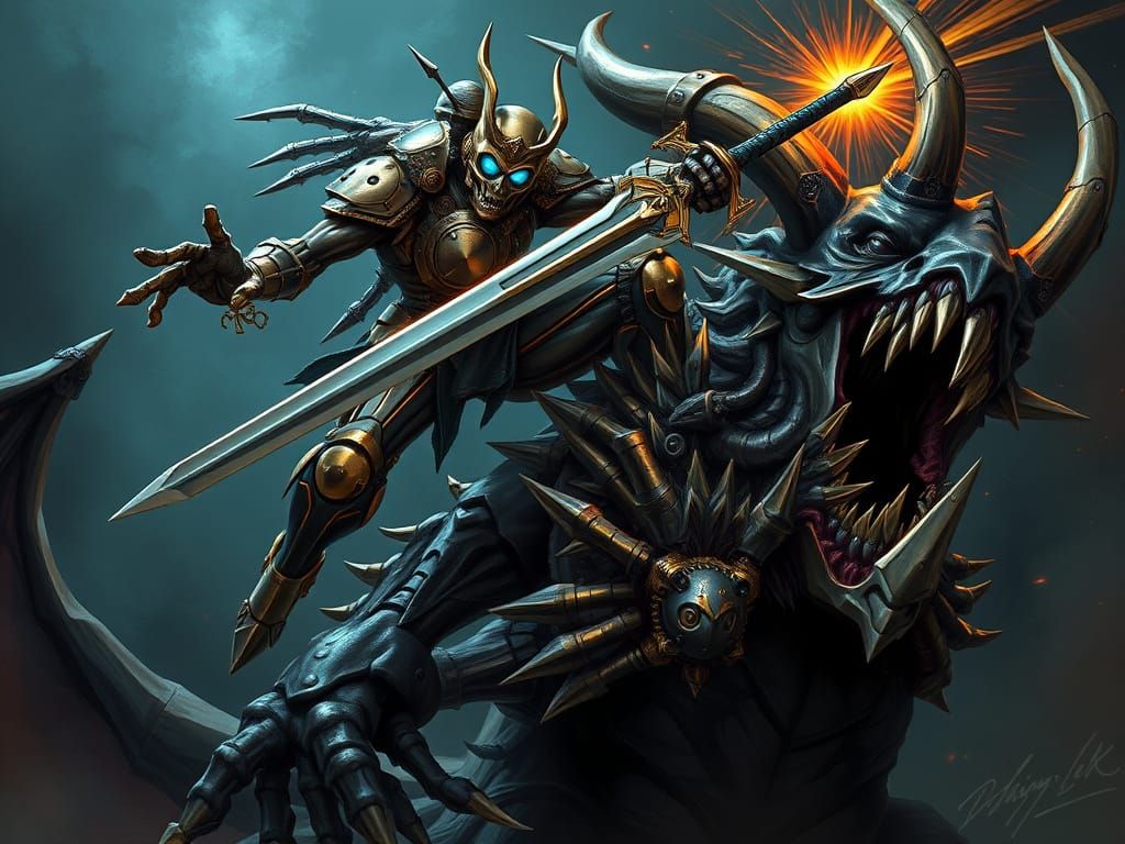 Clockwork Automaton Battles Horned Demon in Dark, Gothic Rea...