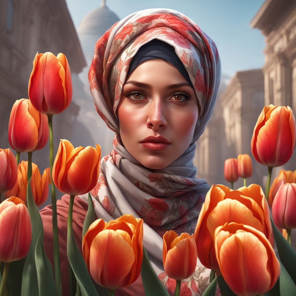 Turkish Woman with Tulips: Hyperdetailed Art Portrait
