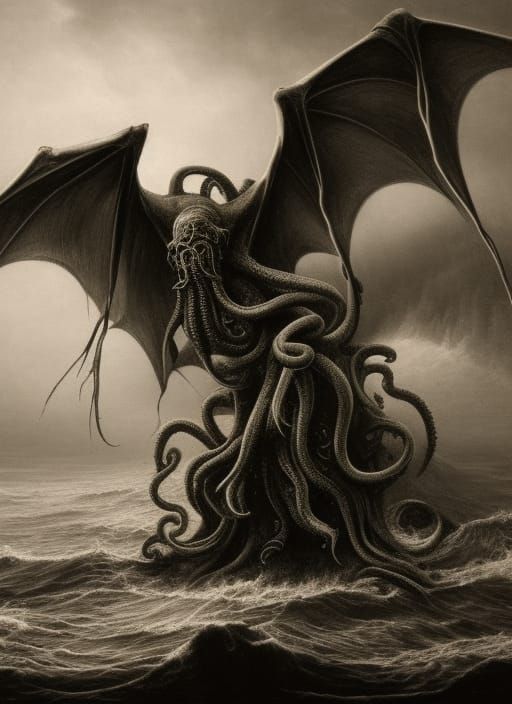 Cthulhu Rises: A Sepia Charcoal Drawing