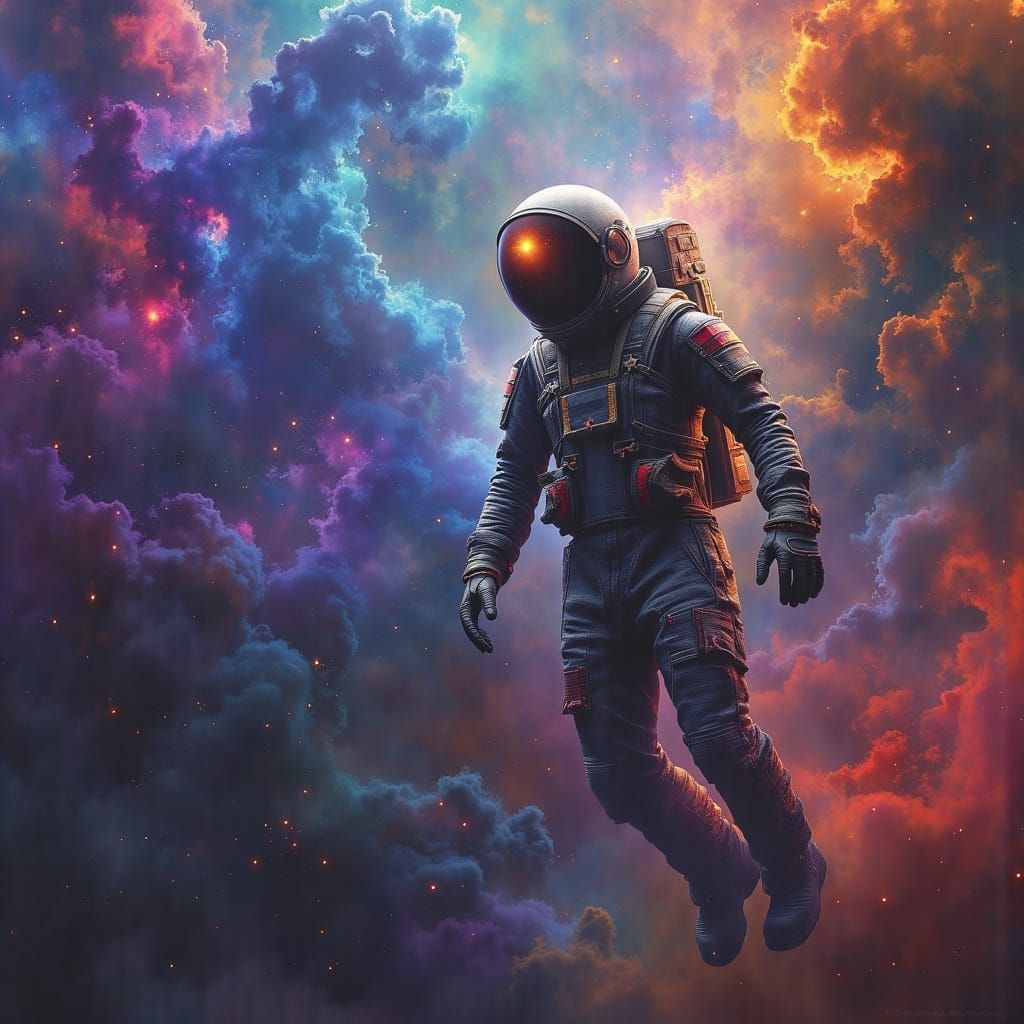 Astronaut Adrift in Cosmic Nebula, Galaxy Reflection
