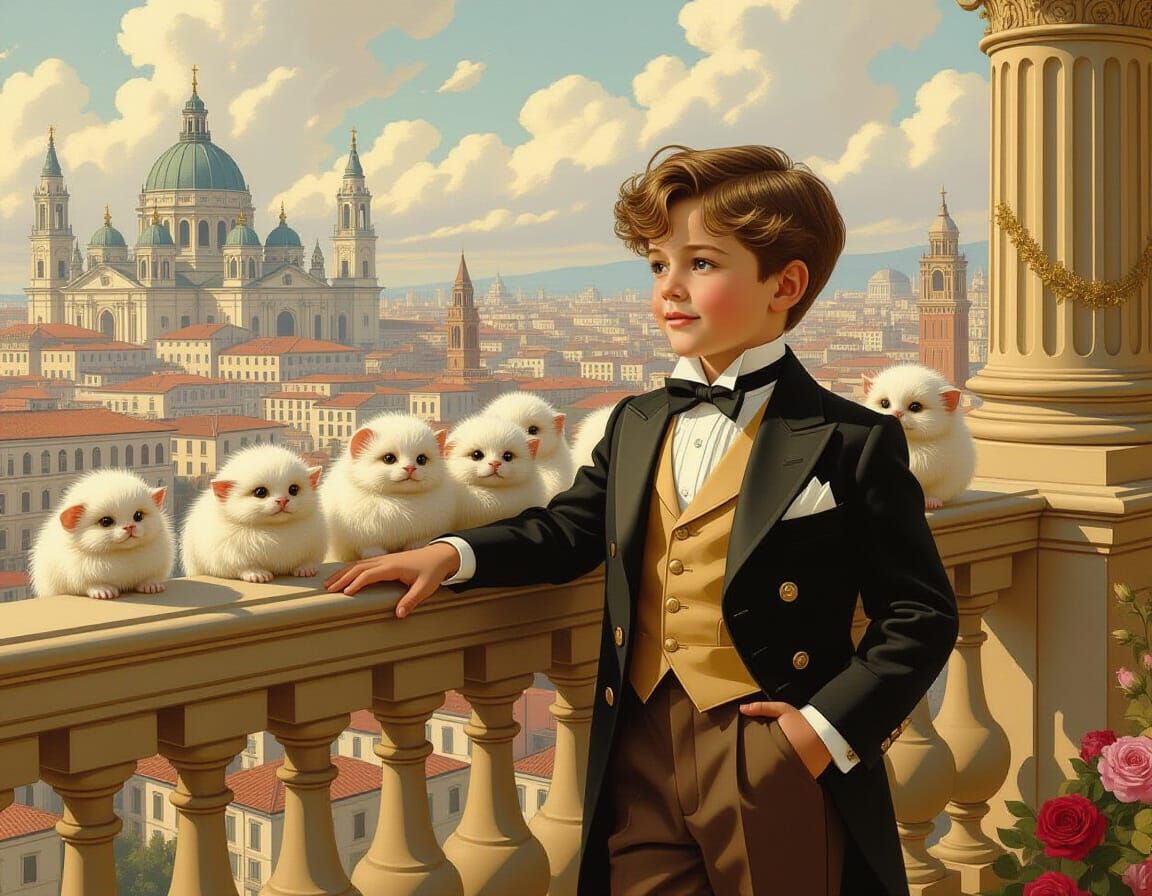Elegant Boy with Tribbles on Balcony, Vintage Illustration