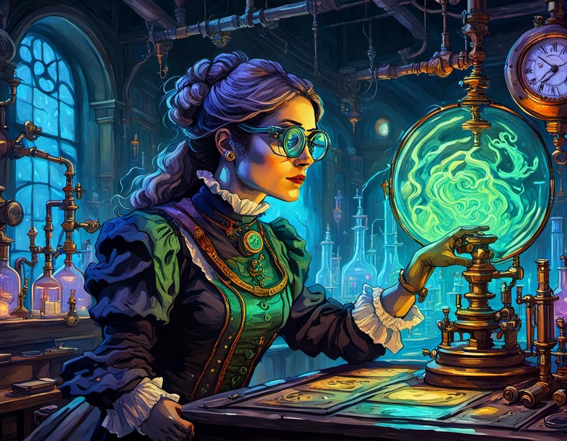Steampunk Scientist in Laboratory Gouache Painting