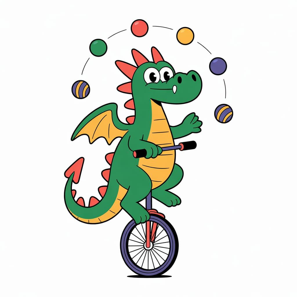 Cartoon Dragon Juggling on a Unicycle