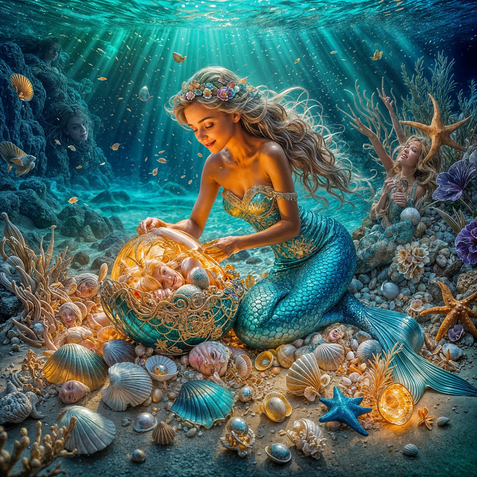 Smiling Mermaid Finds Sparkling Seashells on Beach