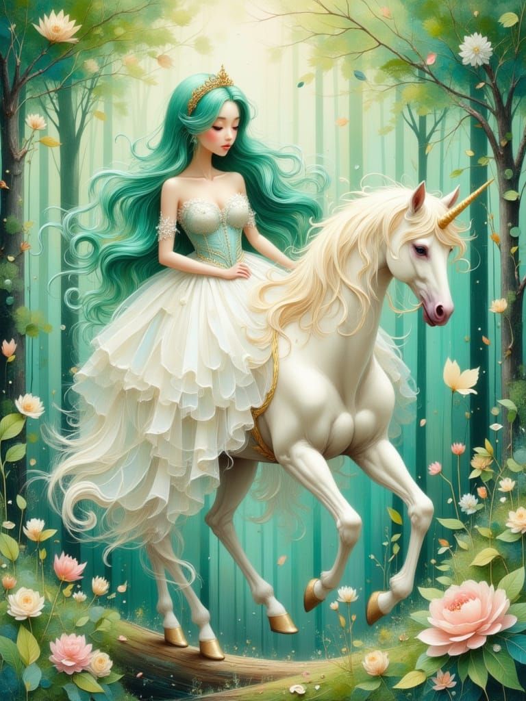 Anime Princess Rides Unicorn in Forest