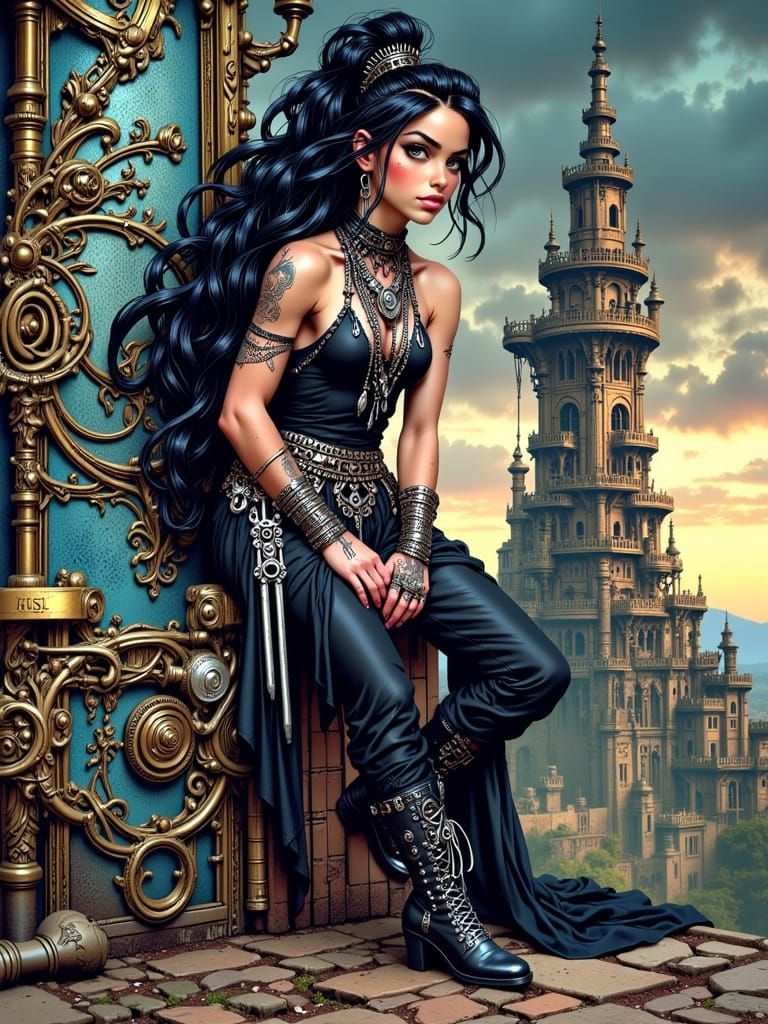 Ariana Grande as Steampunk Warrior, Detailed Illustration