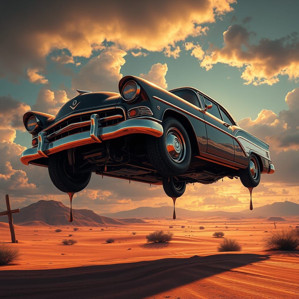 Vintage Car Floating Above Painted Desert