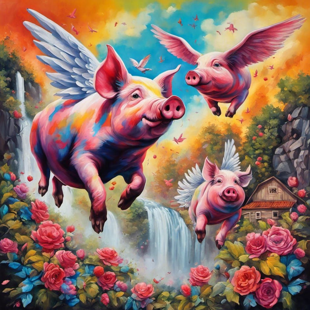Pigs Fly to Waterfall in Graffiti Art Style