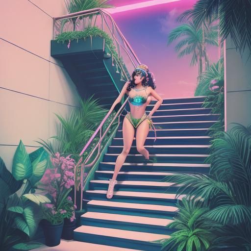 Vaporwave aesthetic, queen cleopatra climbing stairs, birds and plants