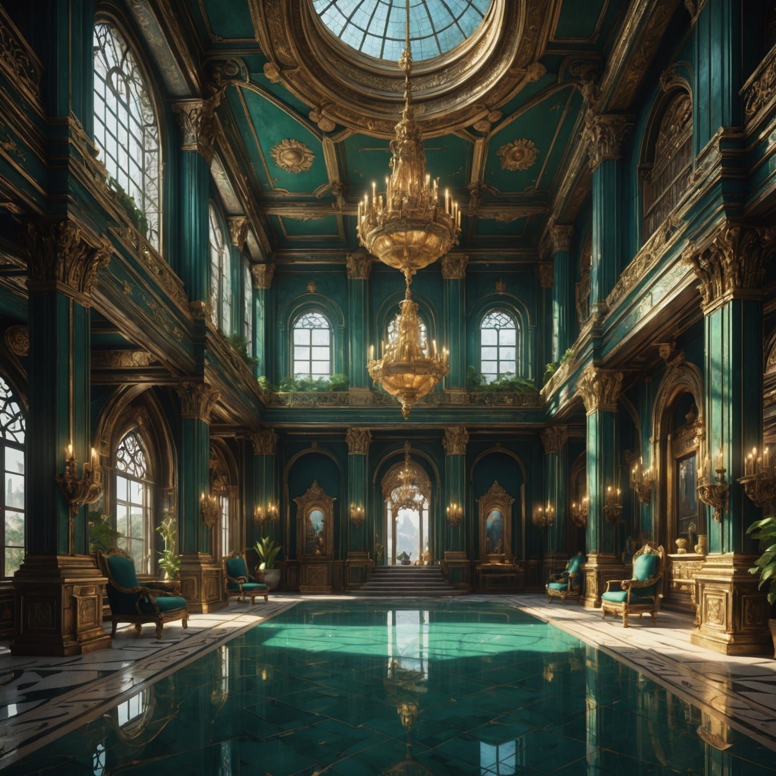 Futuristic Malachite Grand Palace Interior in Detailed Matte...
