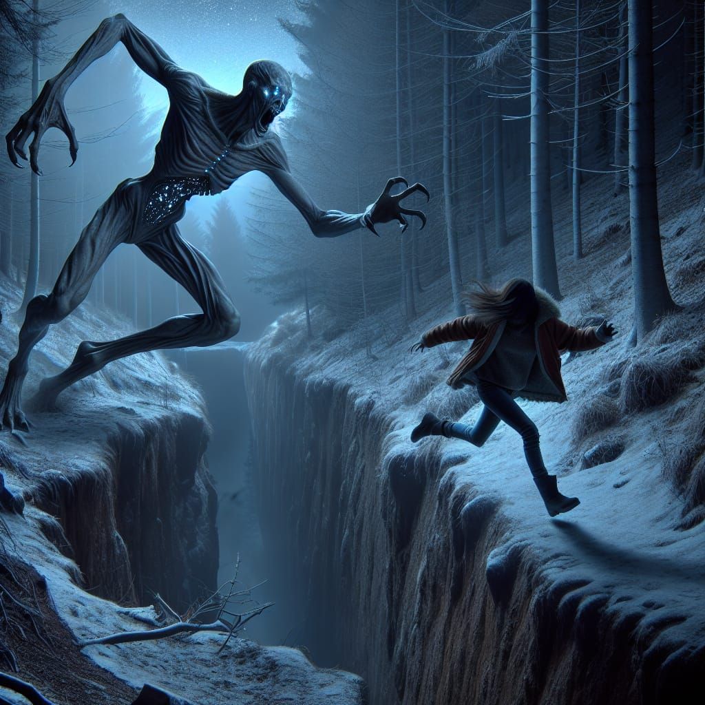 Colossal Creature Chases Fleeing Woman in Snowy Forest at Ni...