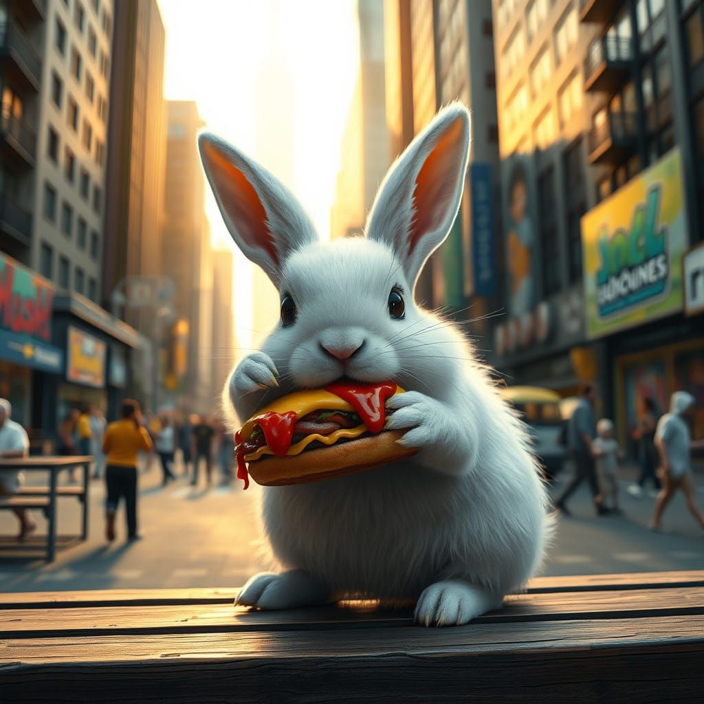 Surreal City Scene: White Bunny Devours Cheeseburger on Urba...