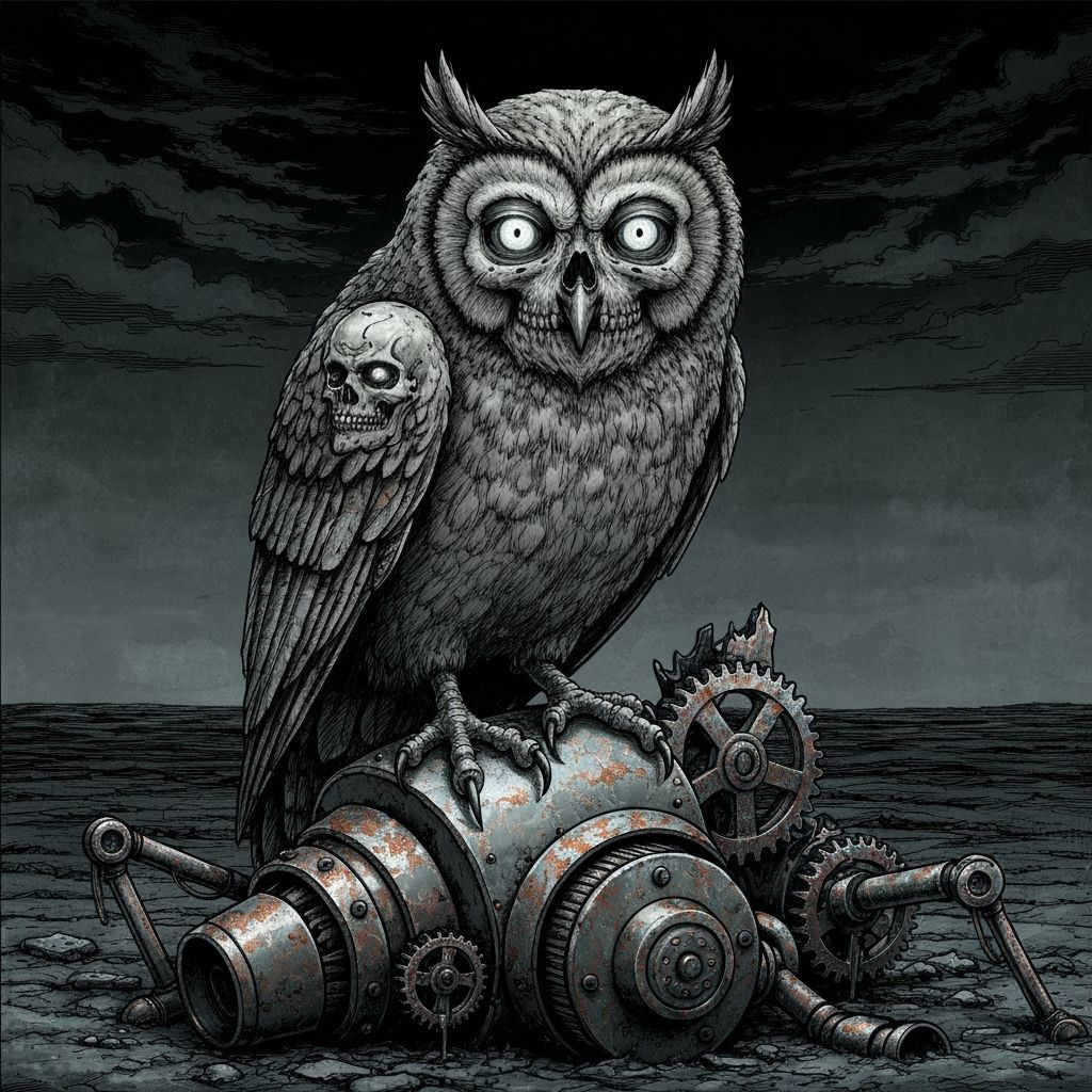 Grotesque Skull Owl on Steampunk Automaton in Distressed Ink...