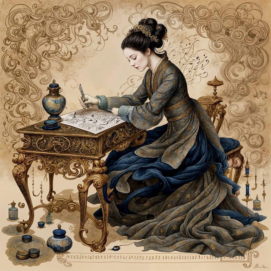 Renaissance Lady Writing Calligraphy Letter