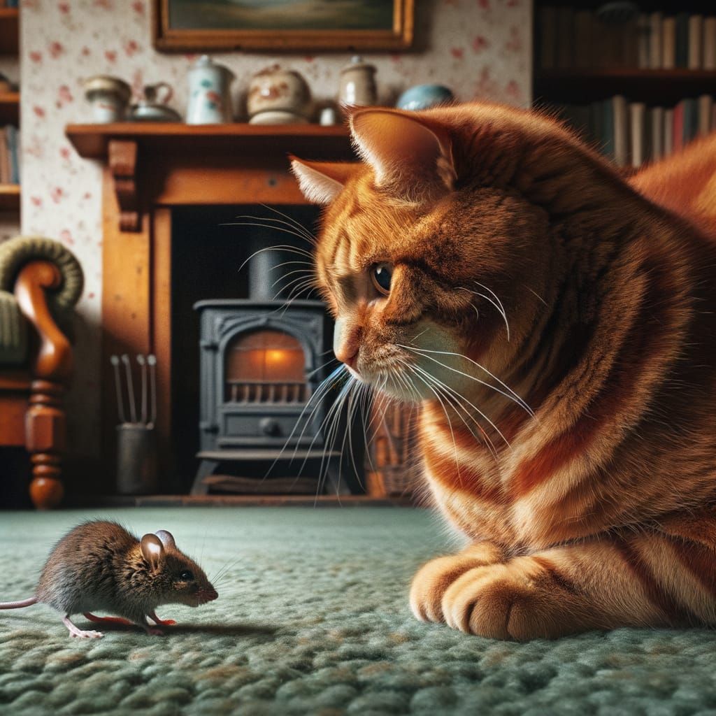 Ginger Cat and Mouse Watching Mouse Hole