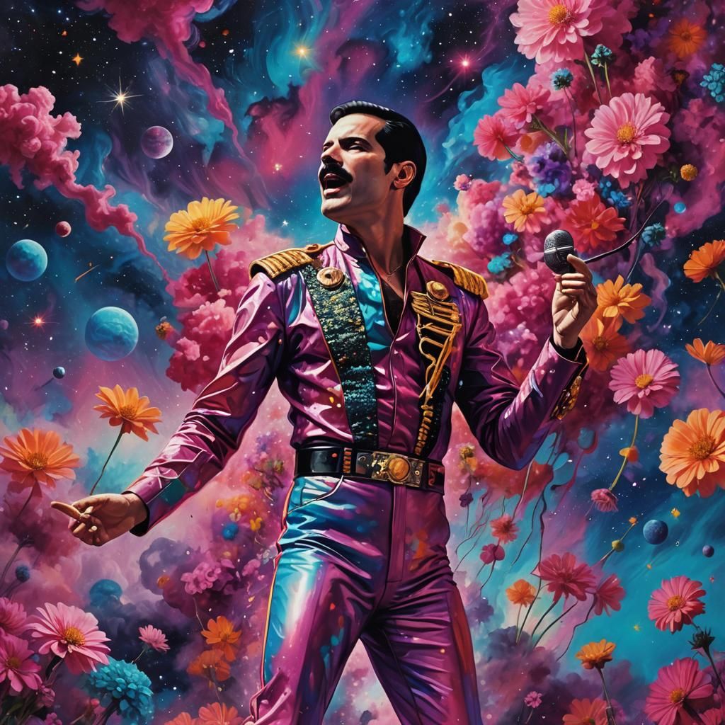 Freddie Mercury in Surreal Galaxy with Flowers