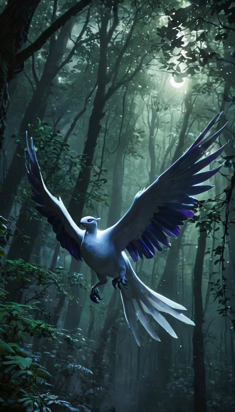 Majestic Lugia Soars Through a Bioluminescent Forest in Moon...