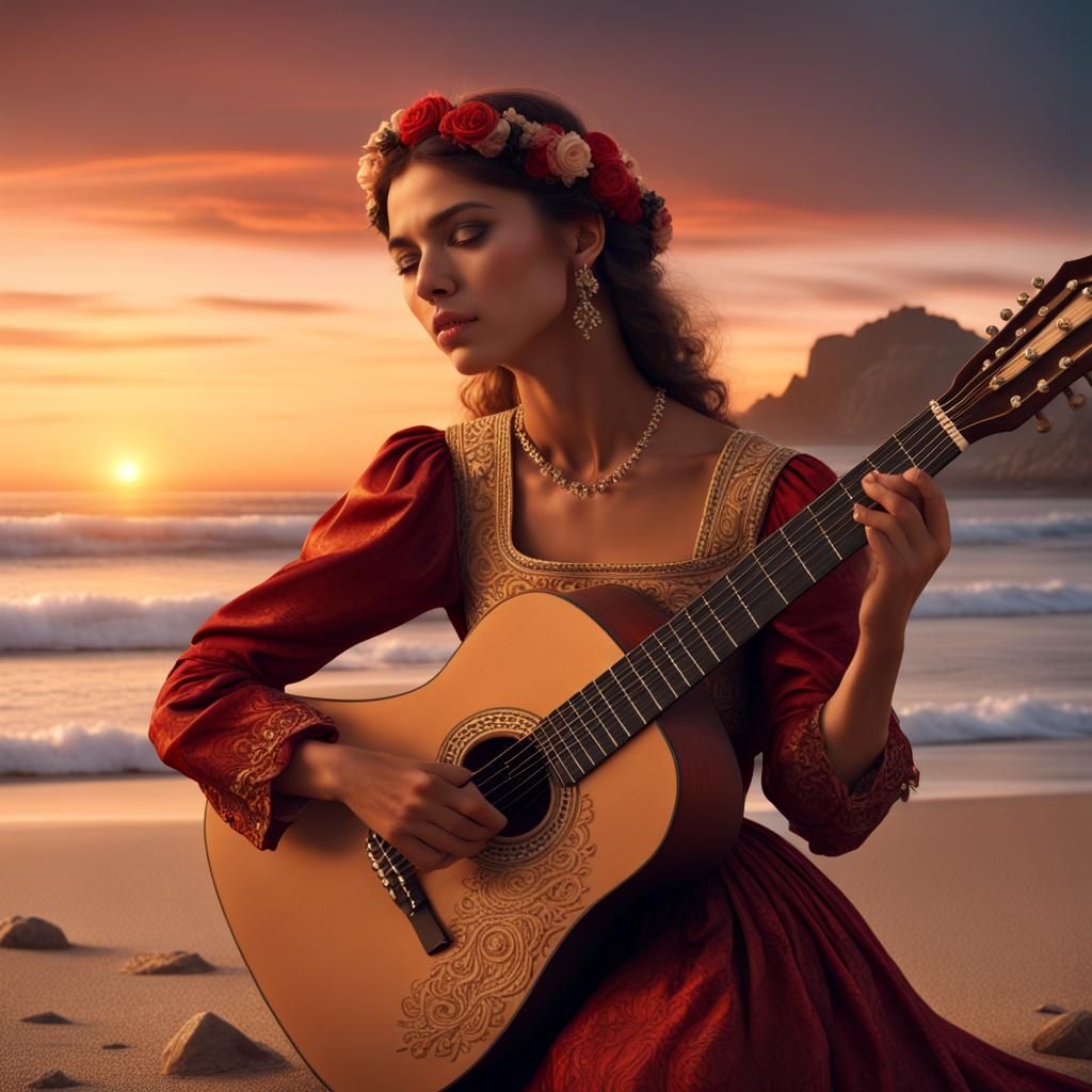 Spanish Girl Plays Guitar on Beach at Sunset