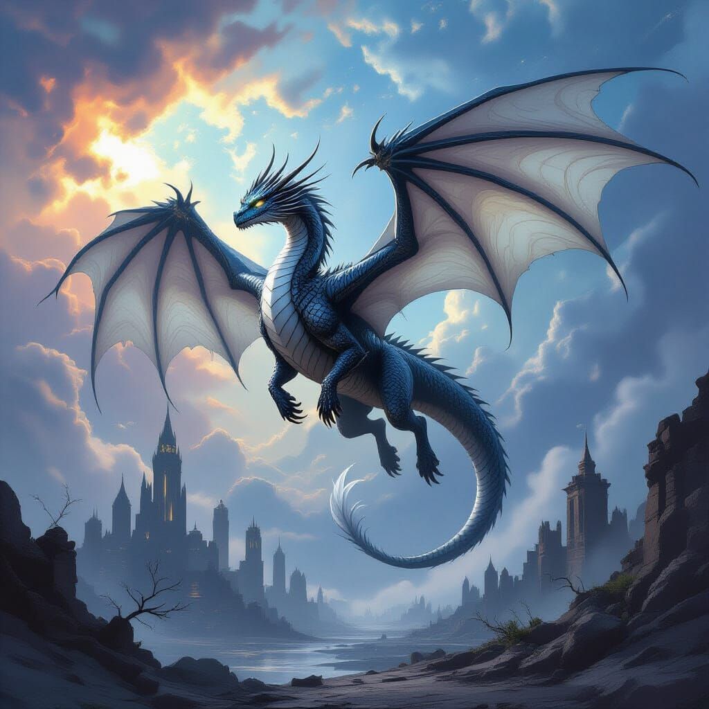 Obsidian Dragon Soaring Over Post-Apocalyptic City