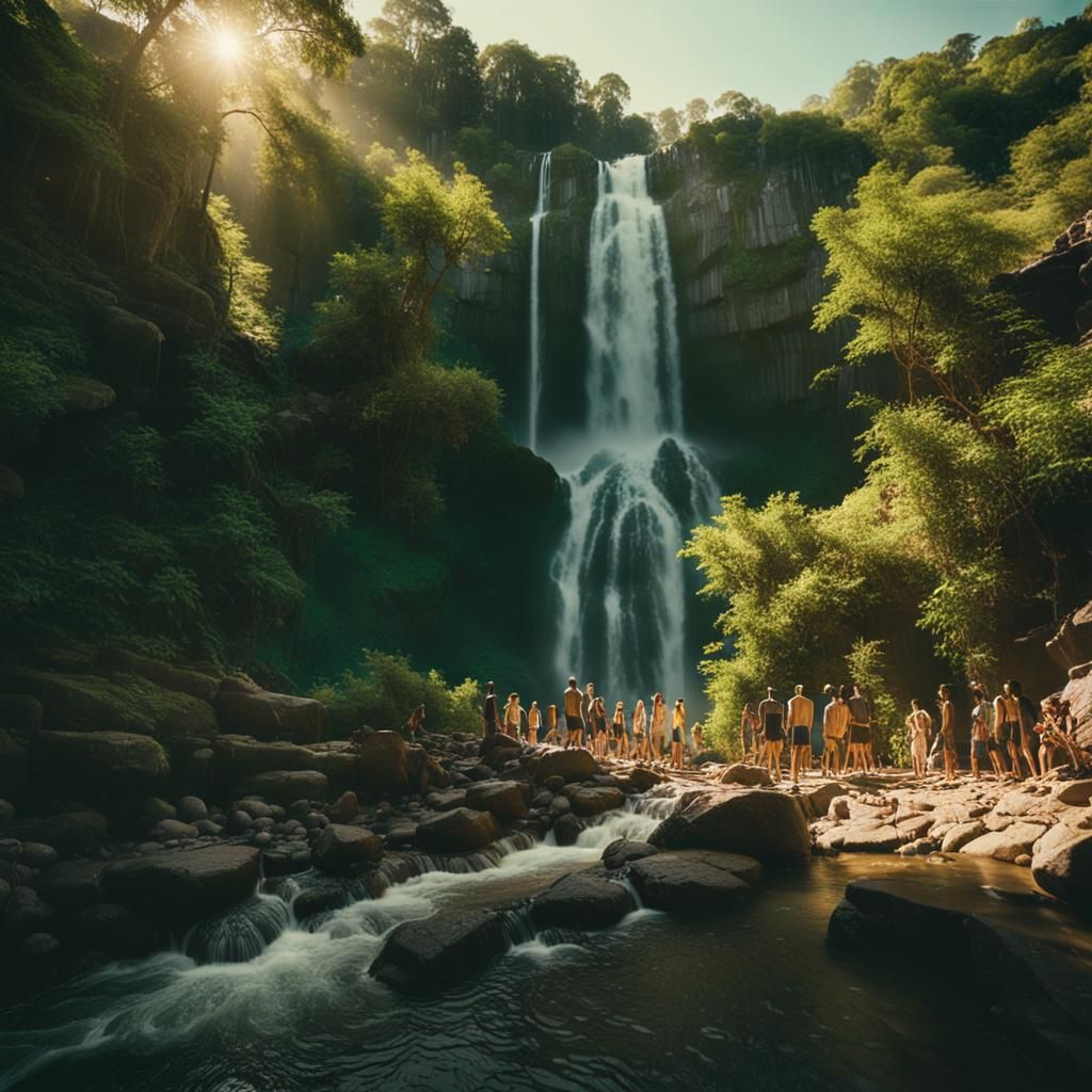 Breathtaking Waterfall with Swimmers in Cinematic Style