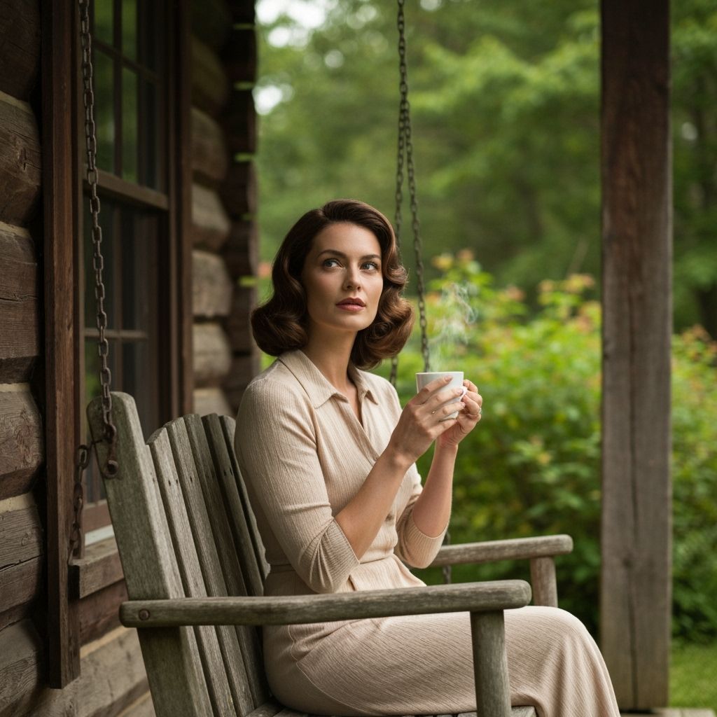 Brunette Lady With Coffee on Cabin Porch
