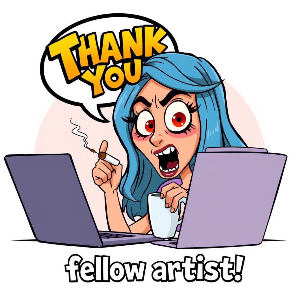 A cartoon woman style of R. CRUMB  with long blue hair at a laptop, frightened, with a cigarettes clenched between her t...