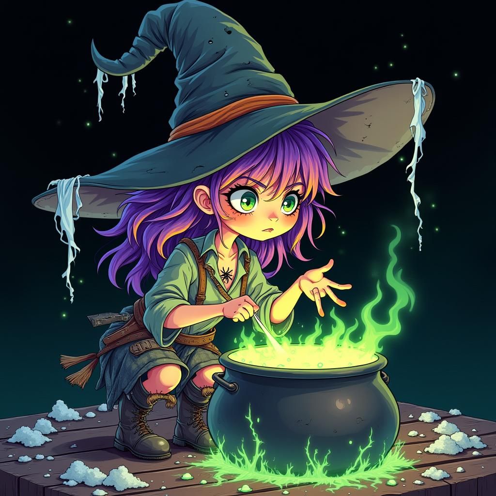 Enigmatic Anime Witch Brewing Potion in Alchemic Kitchen