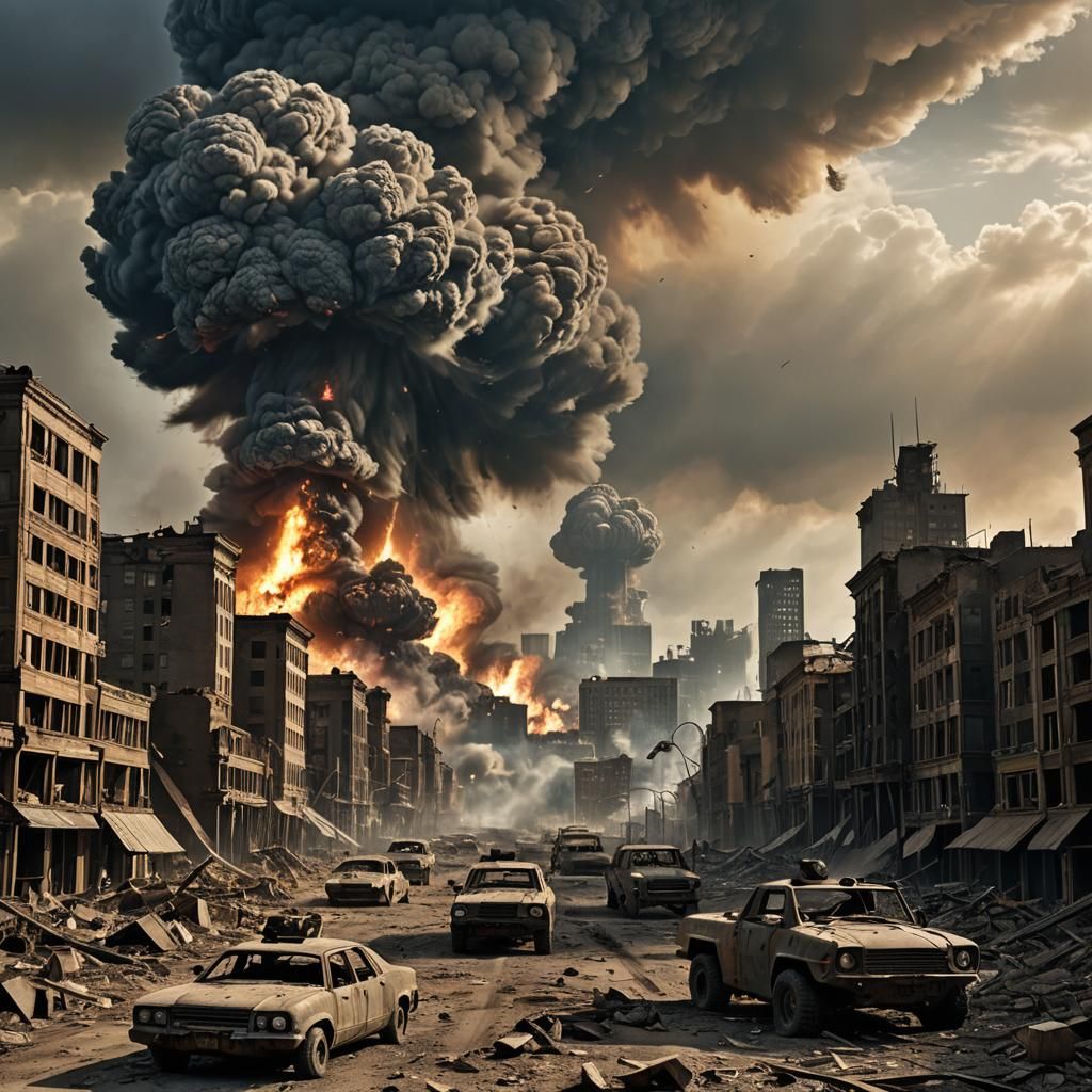 Apocalyptic Wasteland with Mushroom Cloud, 3D Rendering