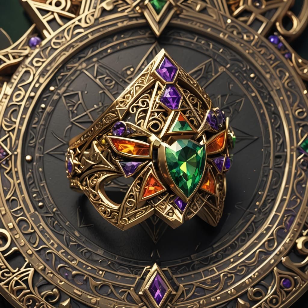 Triforce Gemstone Ring with Hylian Crest: Fantasy Art