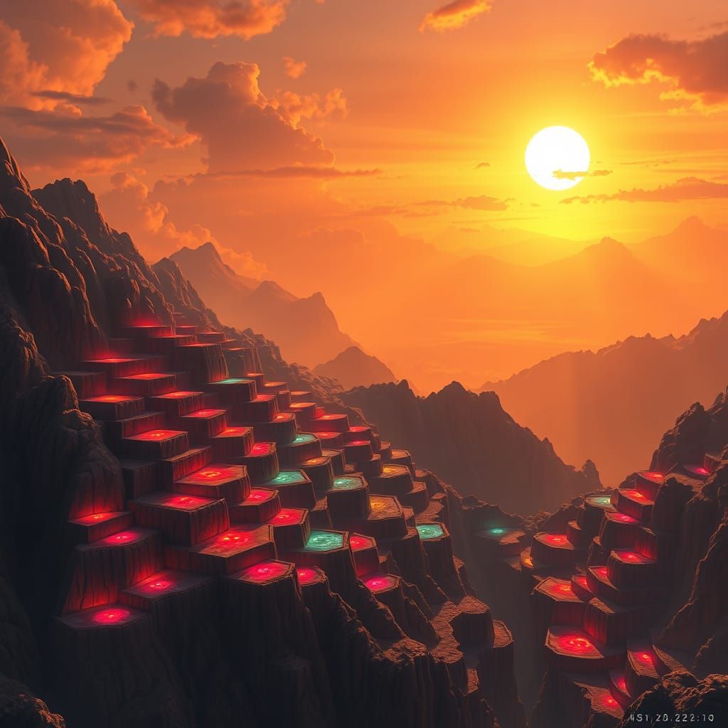 Epic Geometric Mountain Landscape With Luminous Terraces