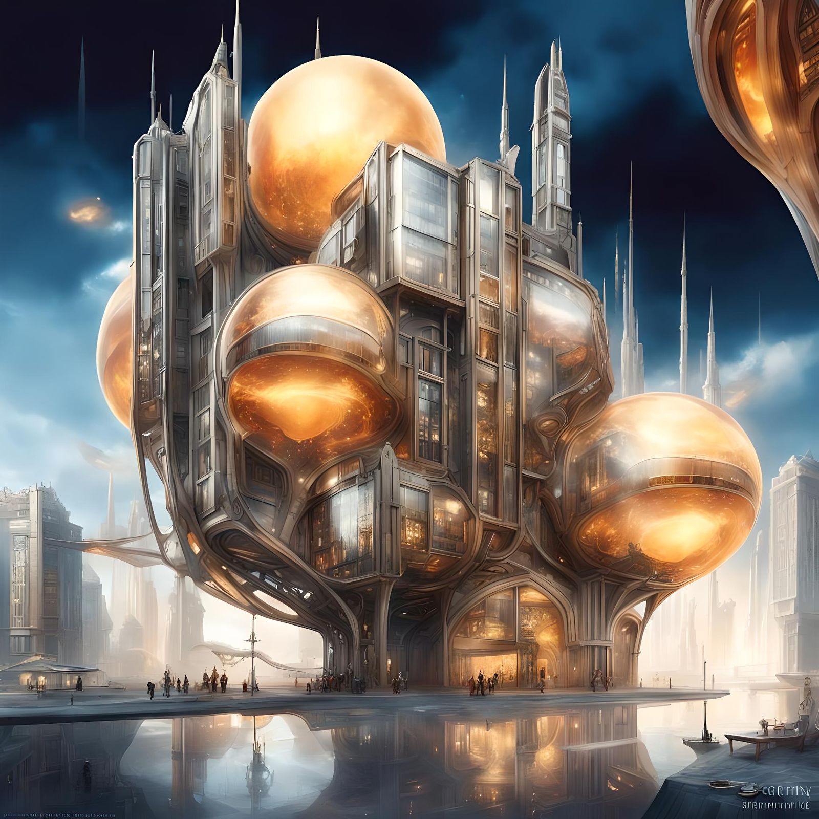 Futuristic Steampunk Building with Brilliant Flames